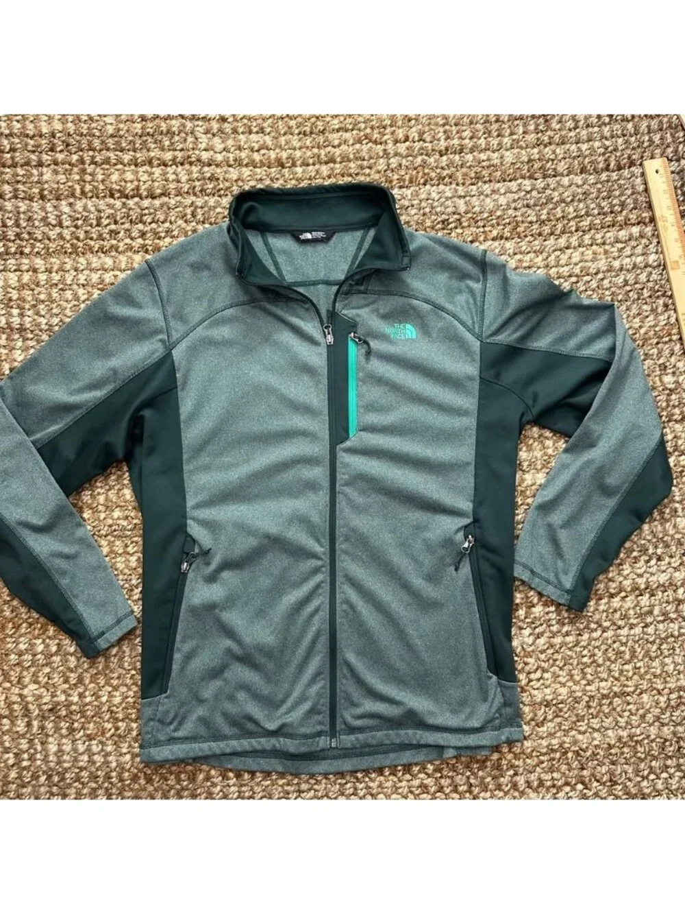 The North Face Mens Full Zip Fleece Jacket Green Teal Pocket Athletic (XL)